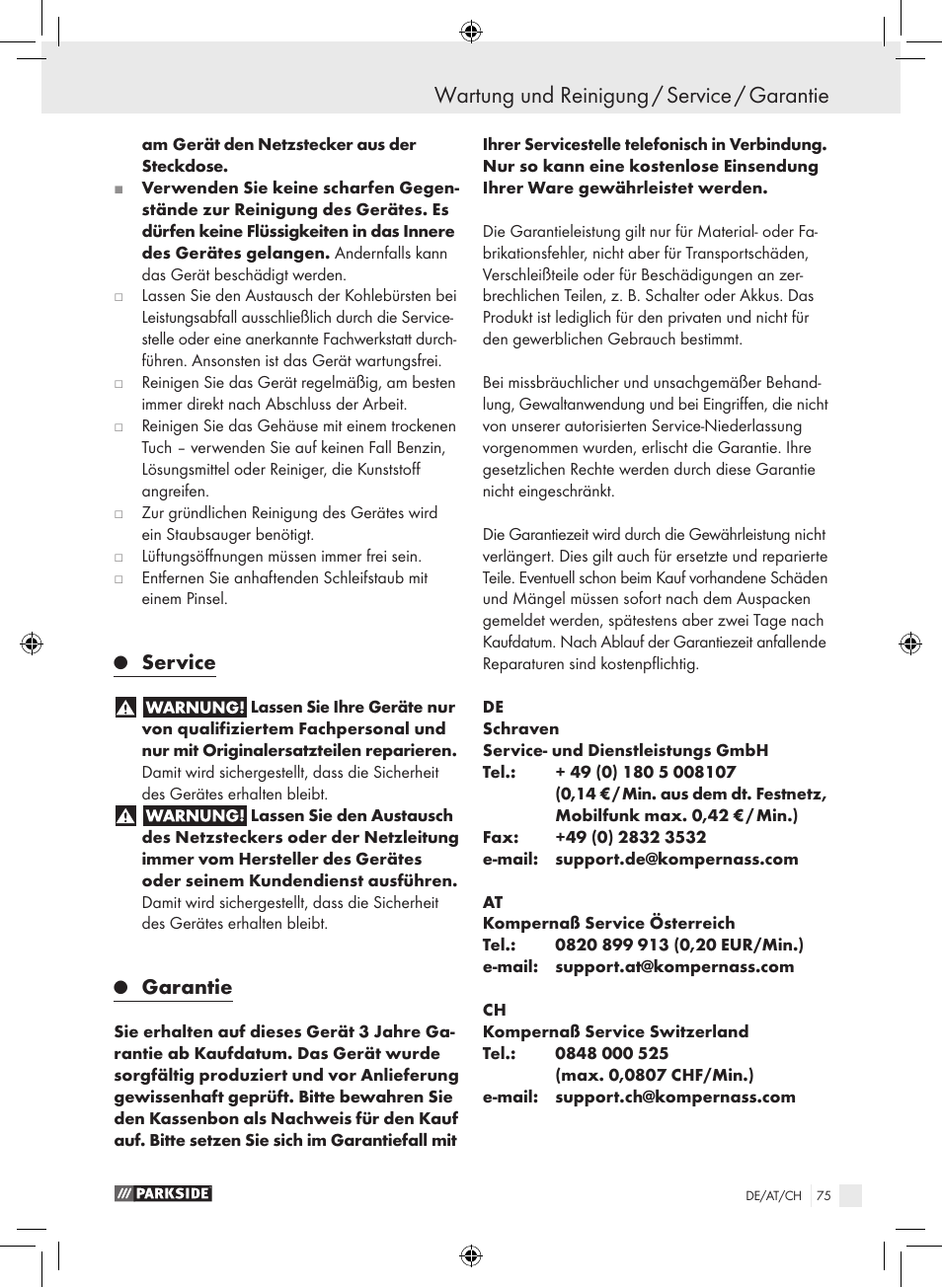 Wartung und reinigung / service / garantie, Service, Garantie | Parkside PWS 230 A1 User Manual | Page 75 / 77