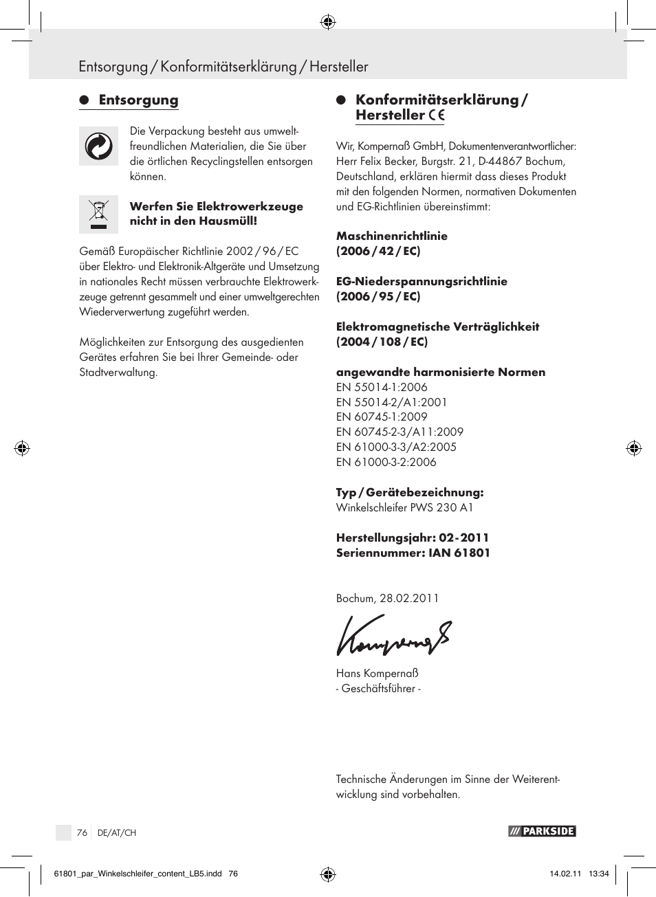 Entsorgung / konformitätserklärung / hersteller, Entsorgung, Konformitätserklärung / hersteller | Parkside PWS 230 A1 User Manual | Page 76 / 77