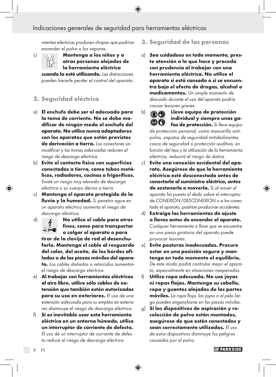 Seguridad eléctrica, Seguridad de las personas | Parkside PWS 230 A1 User Manual | Page 8 / 77