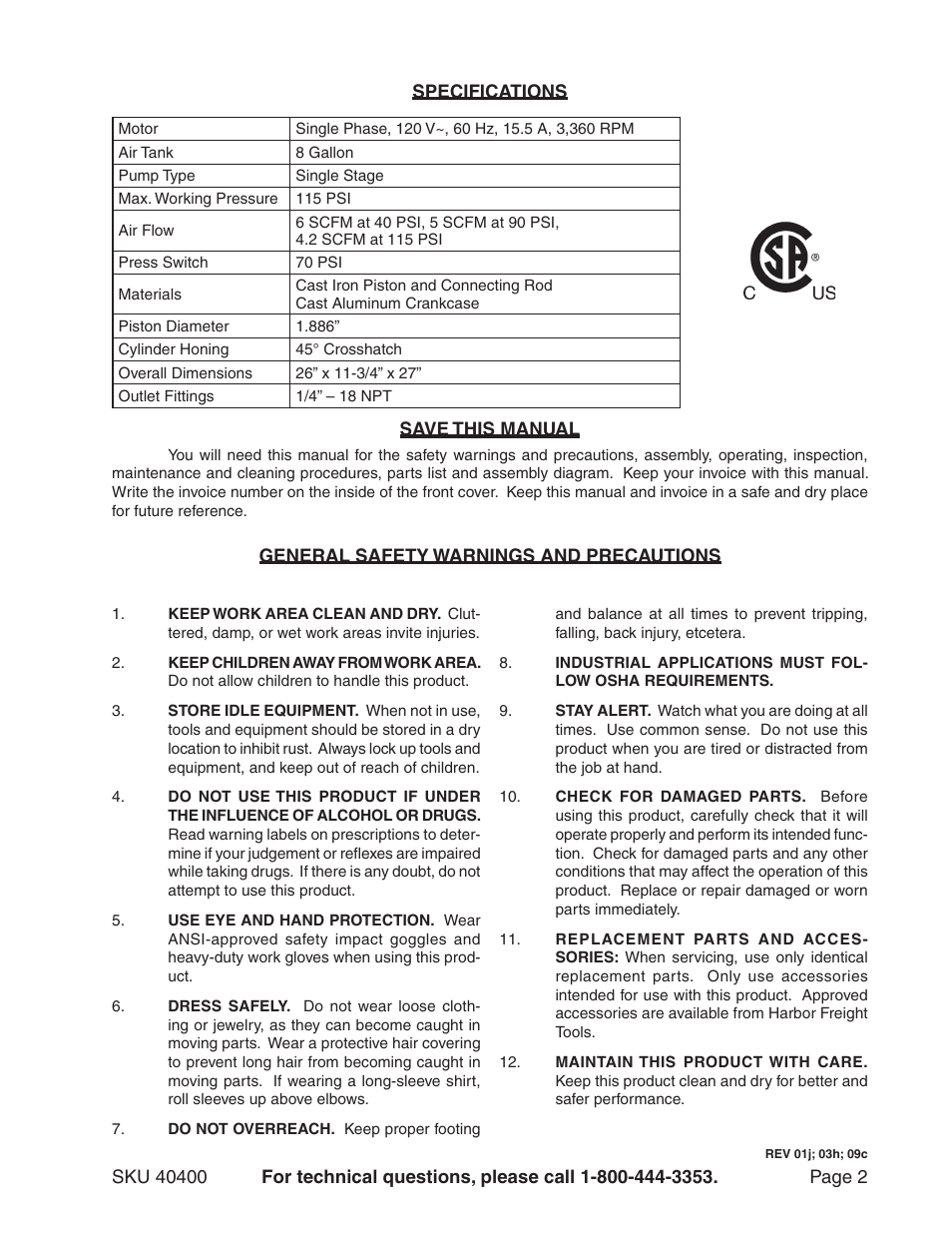 Harbor Freight Tools Model 40400 User Manual | Page 2 / 9