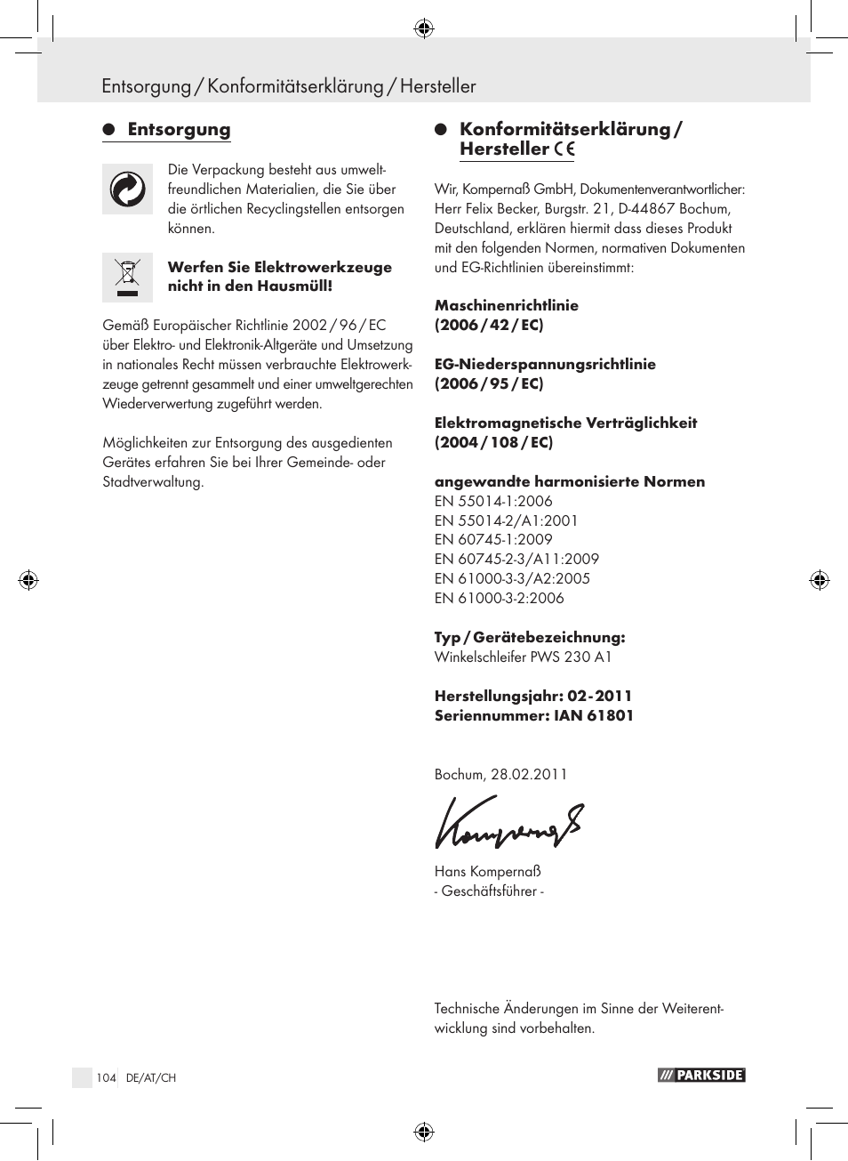 Entsorgung / konformitätserklärung / hersteller, Entsorgung, Konformitätserklärung / hersteller | Parkside PWS 230 A1 User Manual | Page 104 / 105