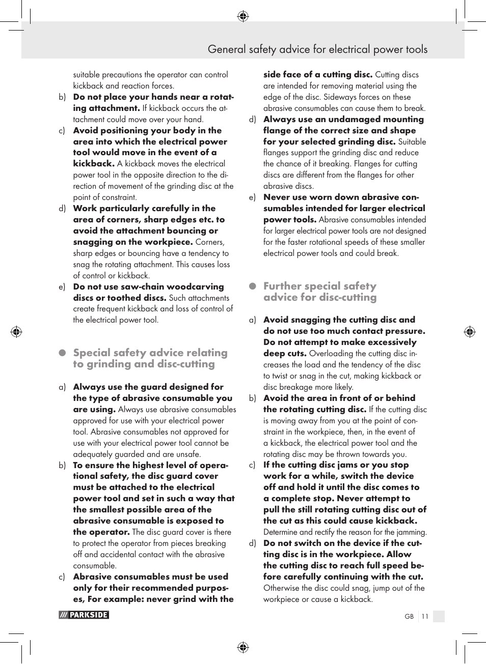 General safety advice for electrical power tools, Further special safety advice for disc-cutting | Parkside PWS 230 A1 User Manual | Page 11 / 105