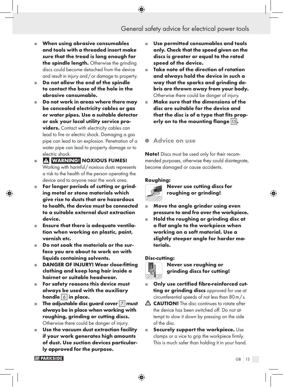 General safety advice for electrical power tools, Advice on use | Parkside PWS 230 A1 User Manual | Page 13 / 105