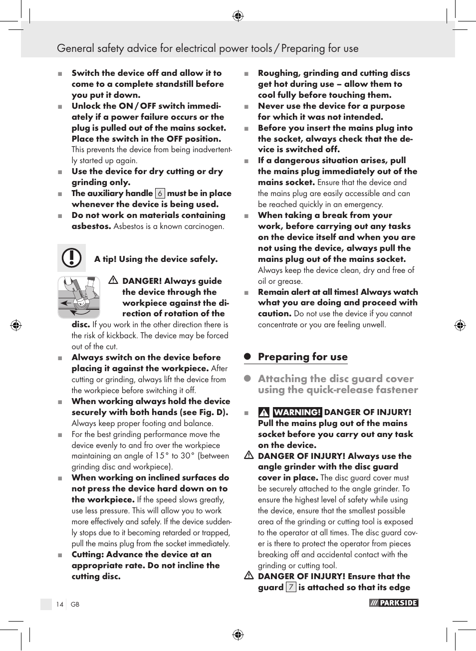 Preparing for use | Parkside PWS 230 A1 User Manual | Page 14 / 105