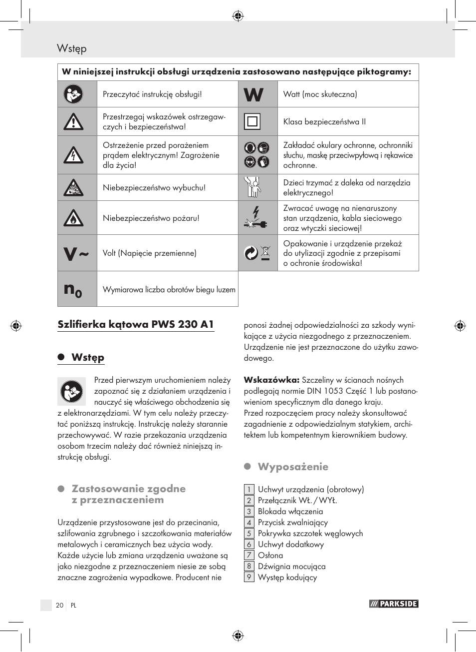 Wstęp | Parkside PWS 230 A1 User Manual | Page 20 / 105