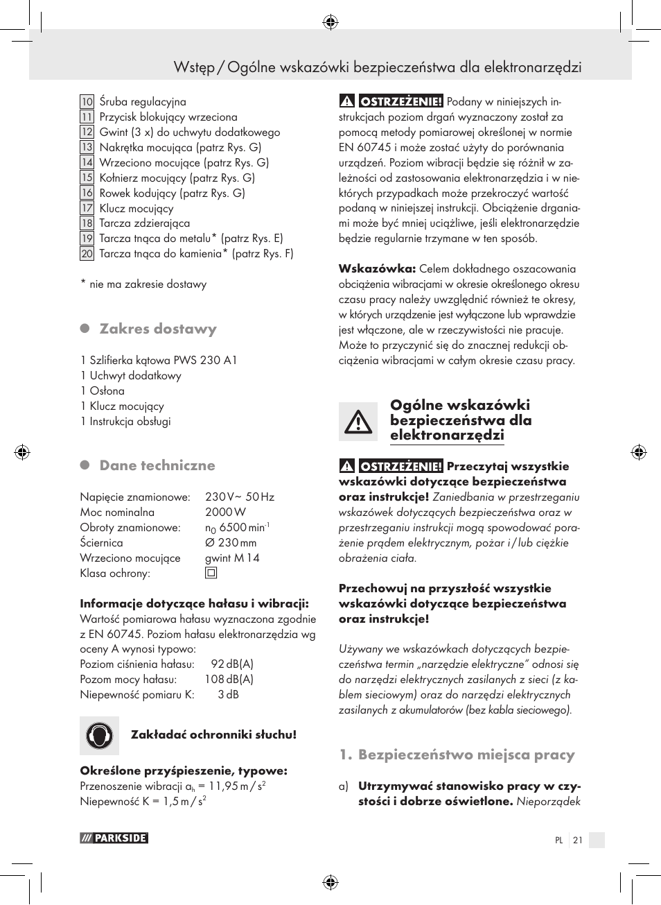 Zakres dostawy, Dane techniczne, Bezpieczeństwo miejsca pracy | Parkside PWS 230 A1 User Manual | Page 21 / 105