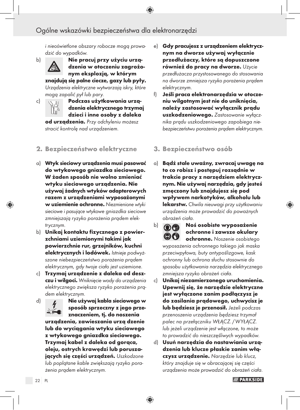 Bezpieczeństwo elektryczne, Bezpieczeństwo osób | Parkside PWS 230 A1 User Manual | Page 22 / 105