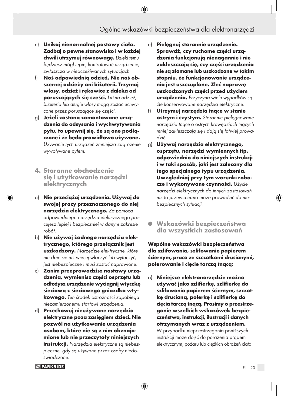 Wskazówki bezpieczeństwa dla wszystkich zastosowań | Parkside PWS 230 A1 User Manual | Page 23 / 105