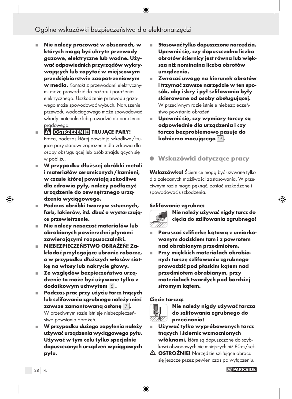 Wskazówki dotyczące pracy | Parkside PWS 230 A1 User Manual | Page 28 / 105