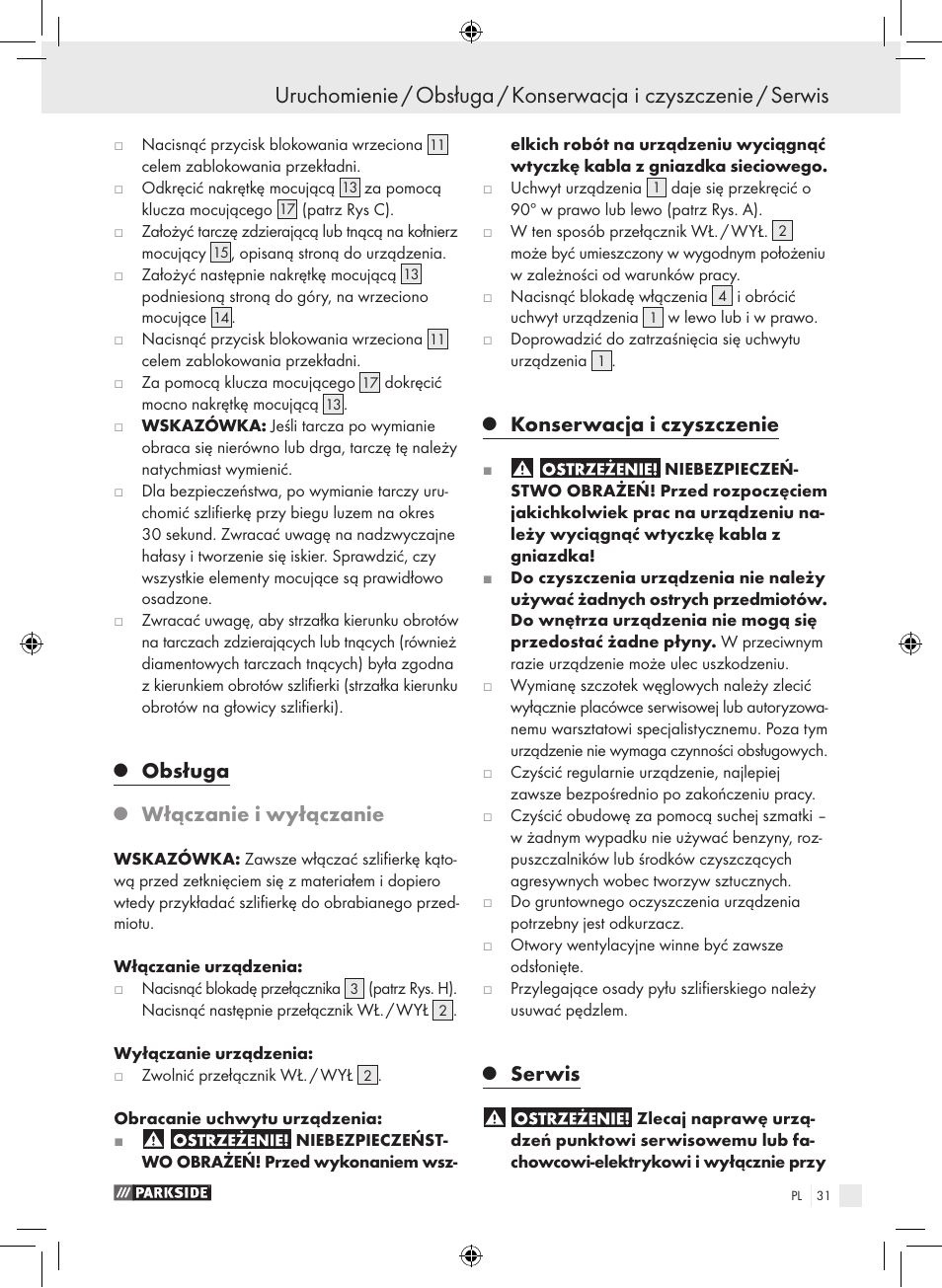 Obsługa, Włączanie i wyłączanie, Konserwacja i czyszczenie | Serwis | Parkside PWS 230 A1 User Manual | Page 31 / 105