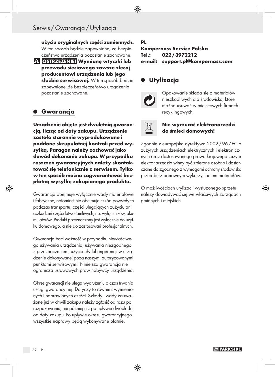 Serwis / gwarancja / utylizacja, Gwarancja, Utylizacja | Parkside PWS 230 A1 User Manual | Page 32 / 105