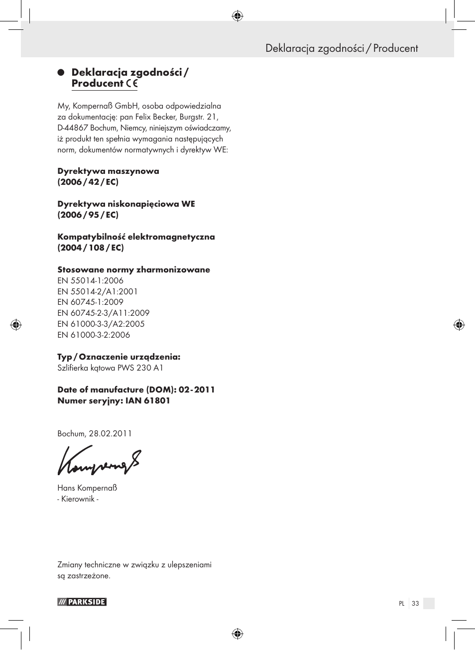 Deklaracja zgodności / producent | Parkside PWS 230 A1 User Manual | Page 33 / 105