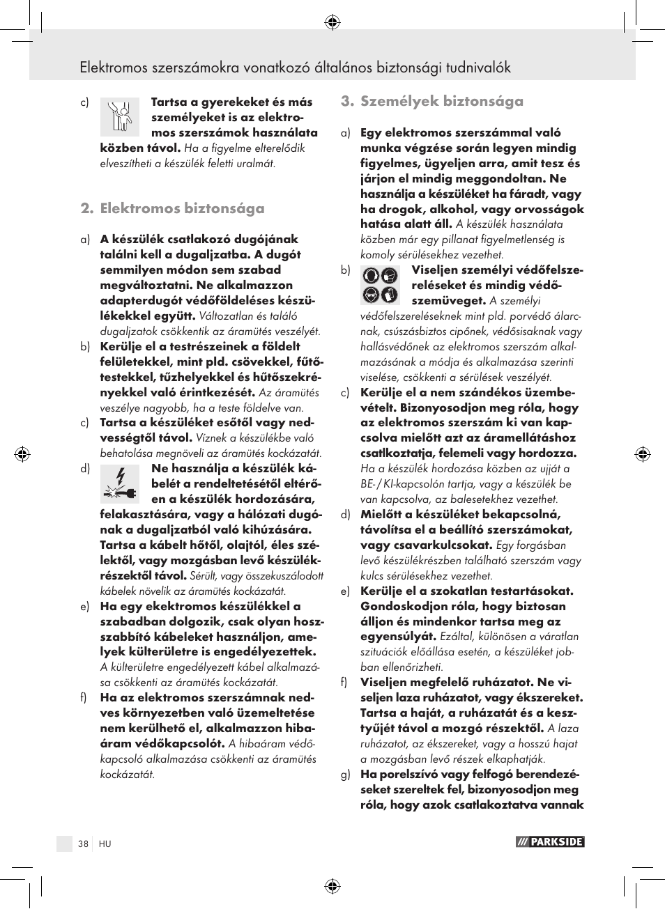 Elektromos biztonsága, Személyek biztonsága | Parkside PWS 230 A1 User Manual | Page 38 / 105