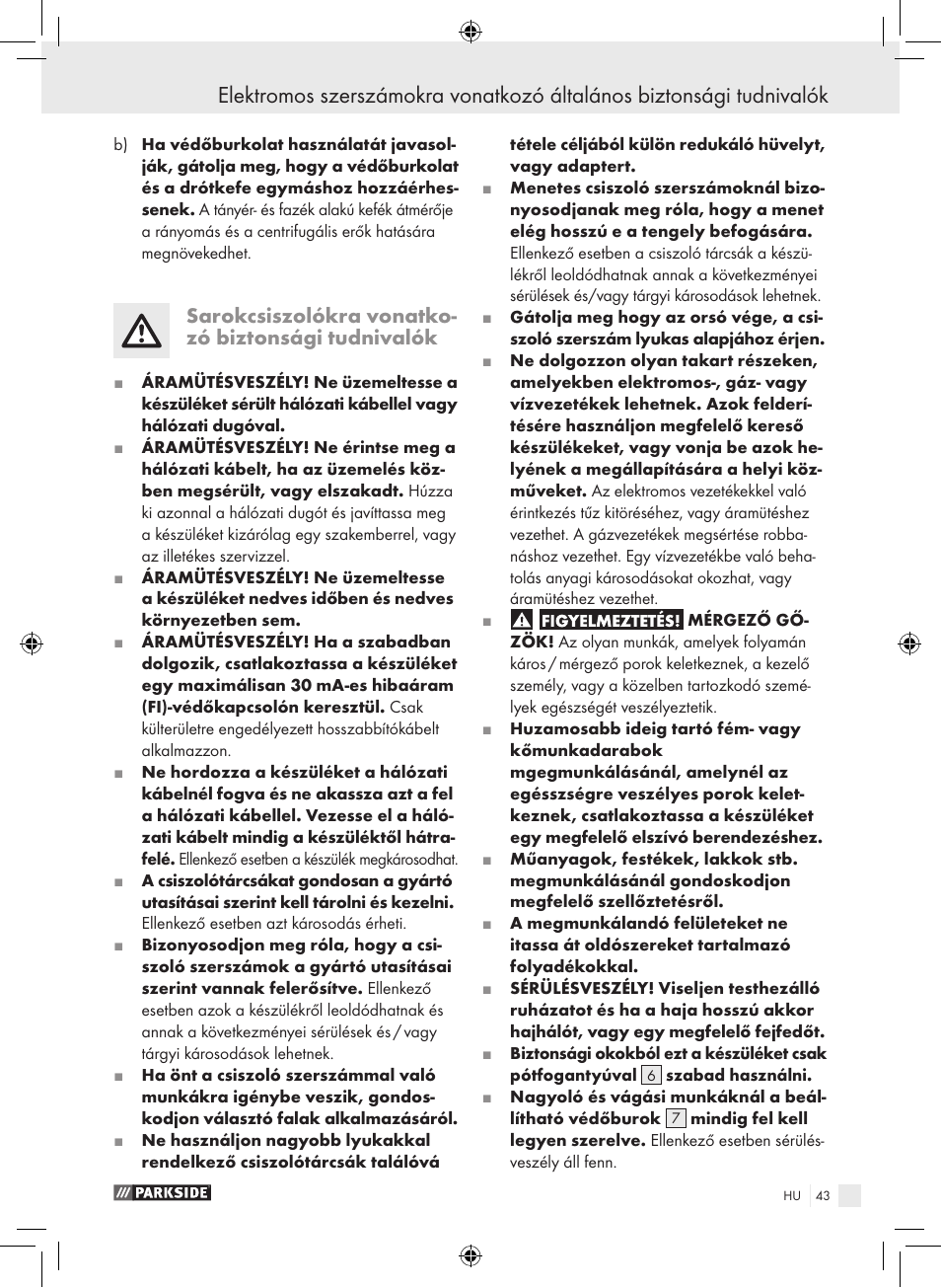 Sarokcsiszolókra vonatko- zó biztonsági tudnivalók | Parkside PWS 230 A1 User Manual | Page 43 / 105