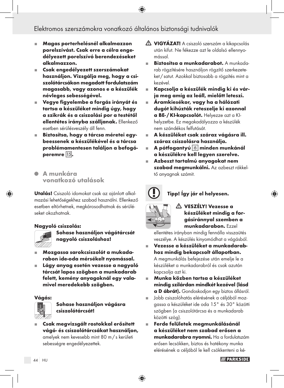 A munkára vonatkozó utalások | Parkside PWS 230 A1 User Manual | Page 44 / 105