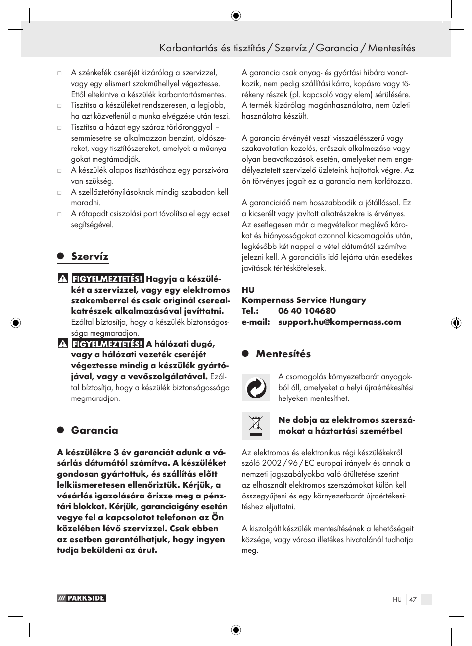 Szervíz, Garancia, Mentesítés | Parkside PWS 230 A1 User Manual | Page 47 / 105