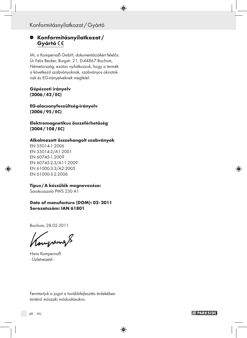 Konformitásnyilatkozat / gyártó | Parkside PWS 230 A1 User Manual | Page 48 / 105