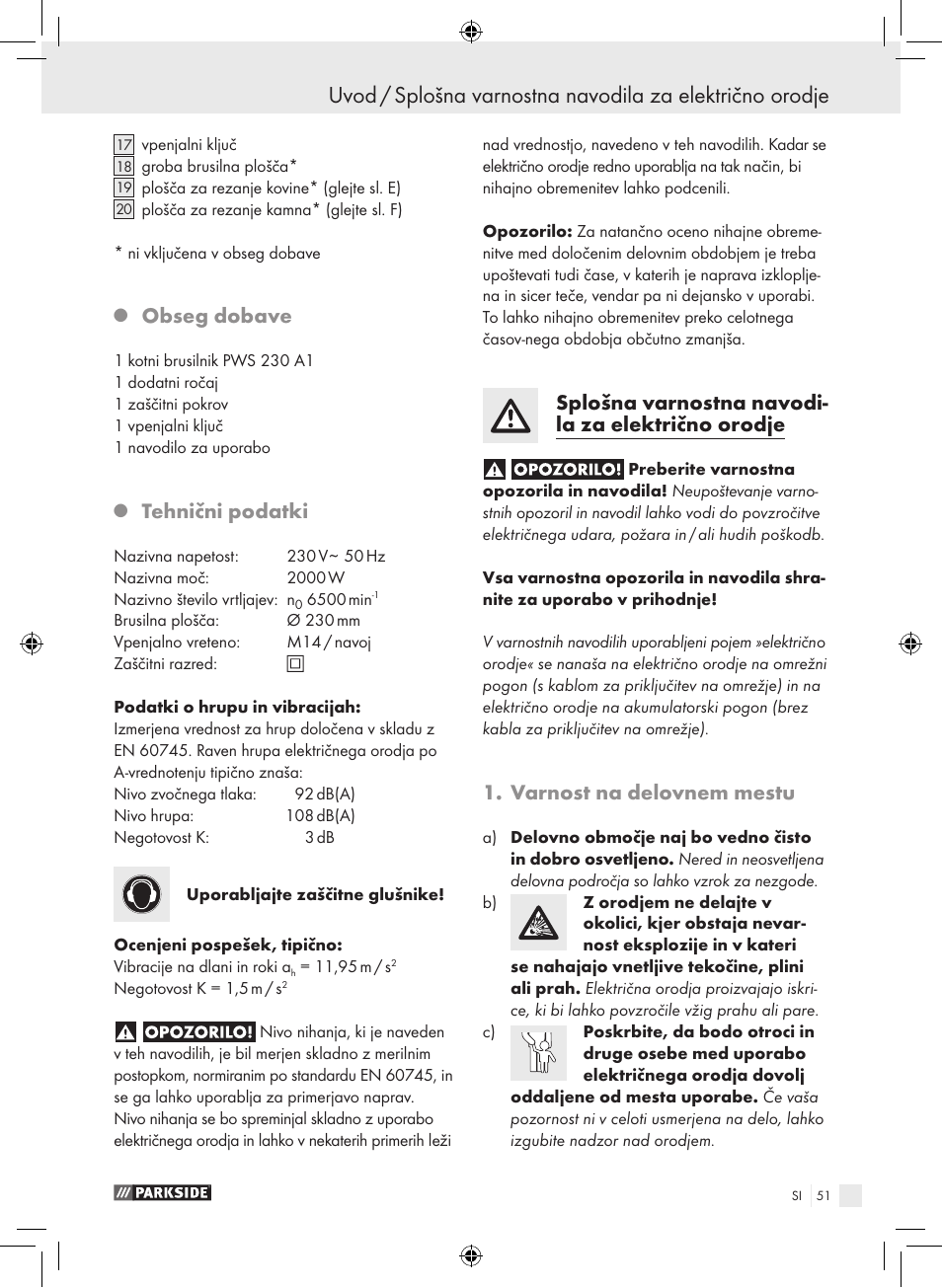 Obseg dobave, Tehnični podatki, Splošna varnostna navodi- la za električno orodje | Varnost na delovnem mestu | Parkside PWS 230 A1 User Manual | Page 51 / 105