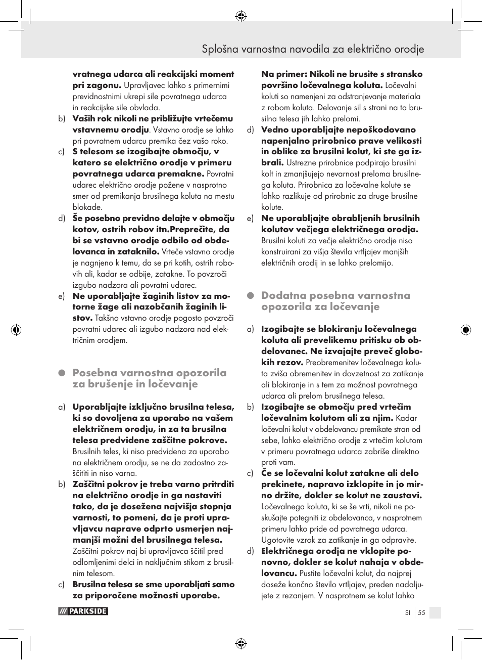 Splošna varnostna navodila za električno orodje, Dodatna posebna varnostna opozorila za ločevanje | Parkside PWS 230 A1 User Manual | Page 55 / 105