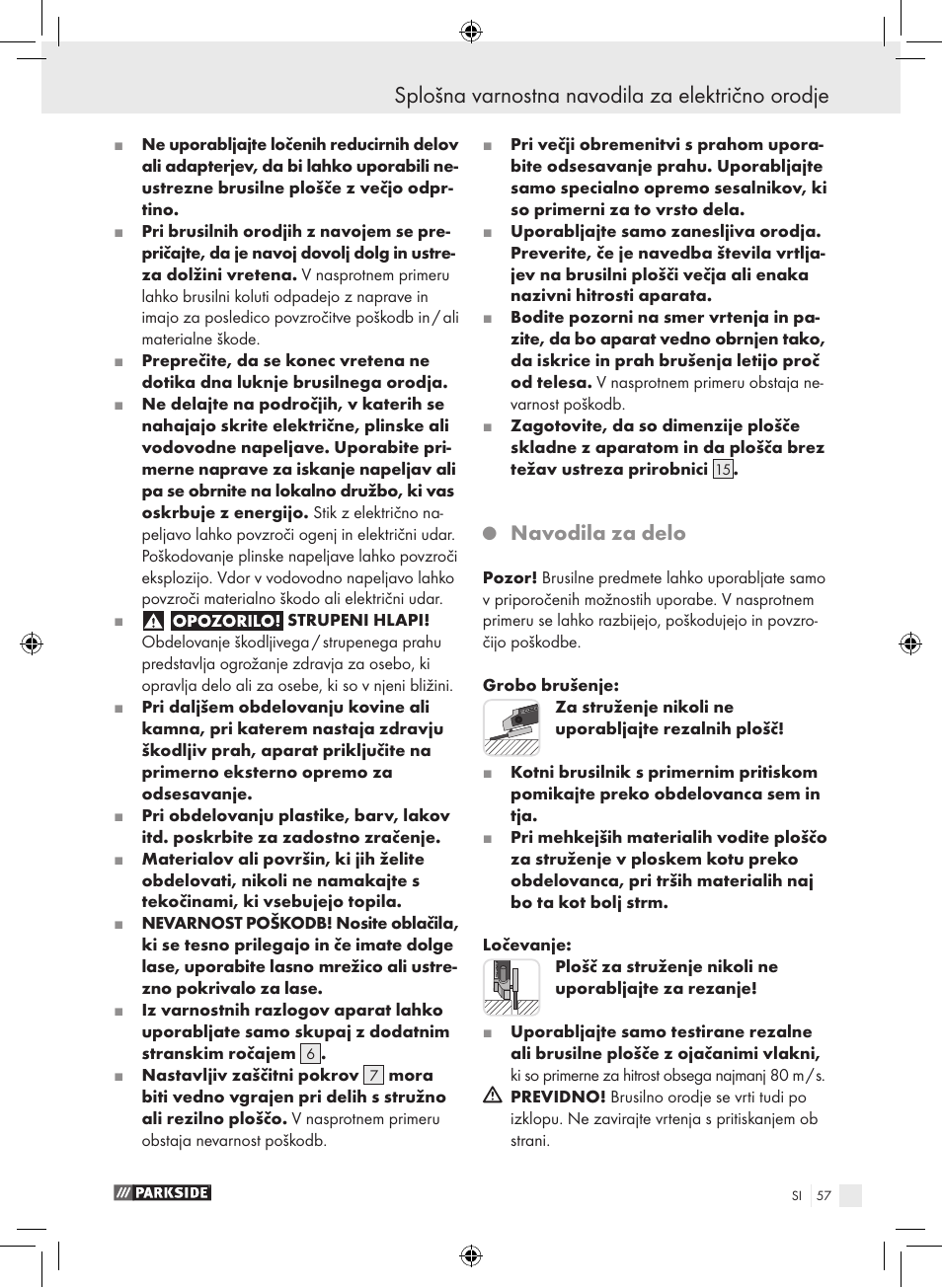 Splošna varnostna navodila za električno orodje, Navodila za delo | Parkside PWS 230 A1 User Manual | Page 57 / 105