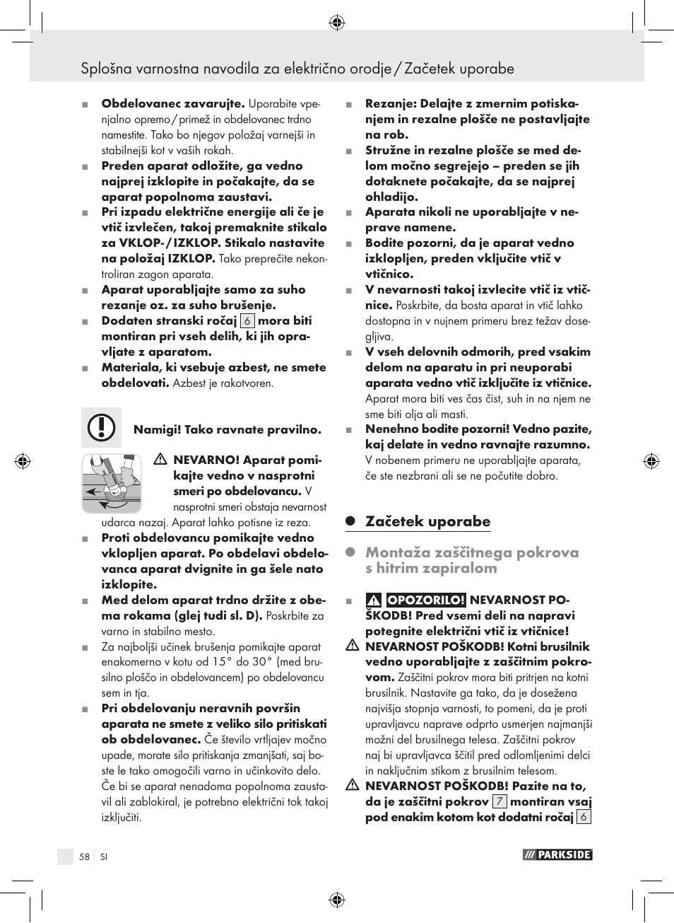 Začetek uporabe, Montaža zaščitnega pokrova s hitrim zapiralom | Parkside PWS 230 A1 User Manual | Page 58 / 105