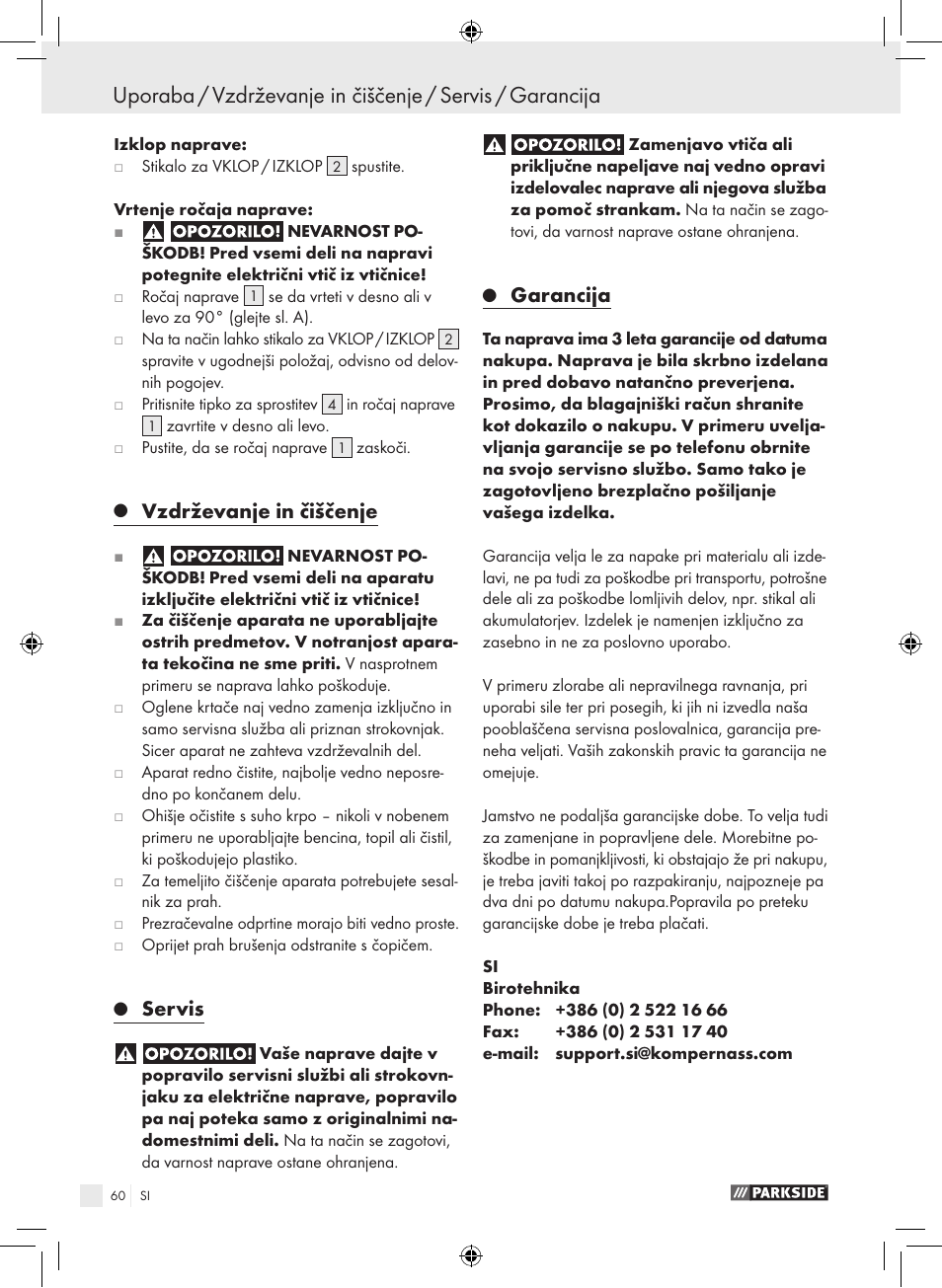 Vzdrževanje in čiščenje, Servis, Garancija | Parkside PWS 230 A1 User Manual | Page 60 / 105