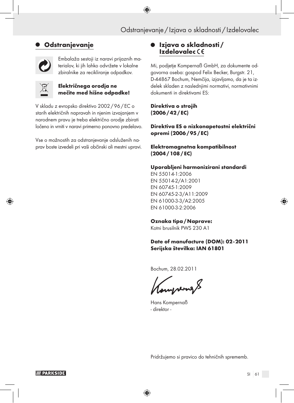 Odstranjevanje / izjava o skladnosti / izdelovalec, Odstranjevanje, Izjava o skladnosti / izdelovalec | Parkside PWS 230 A1 User Manual | Page 61 / 105