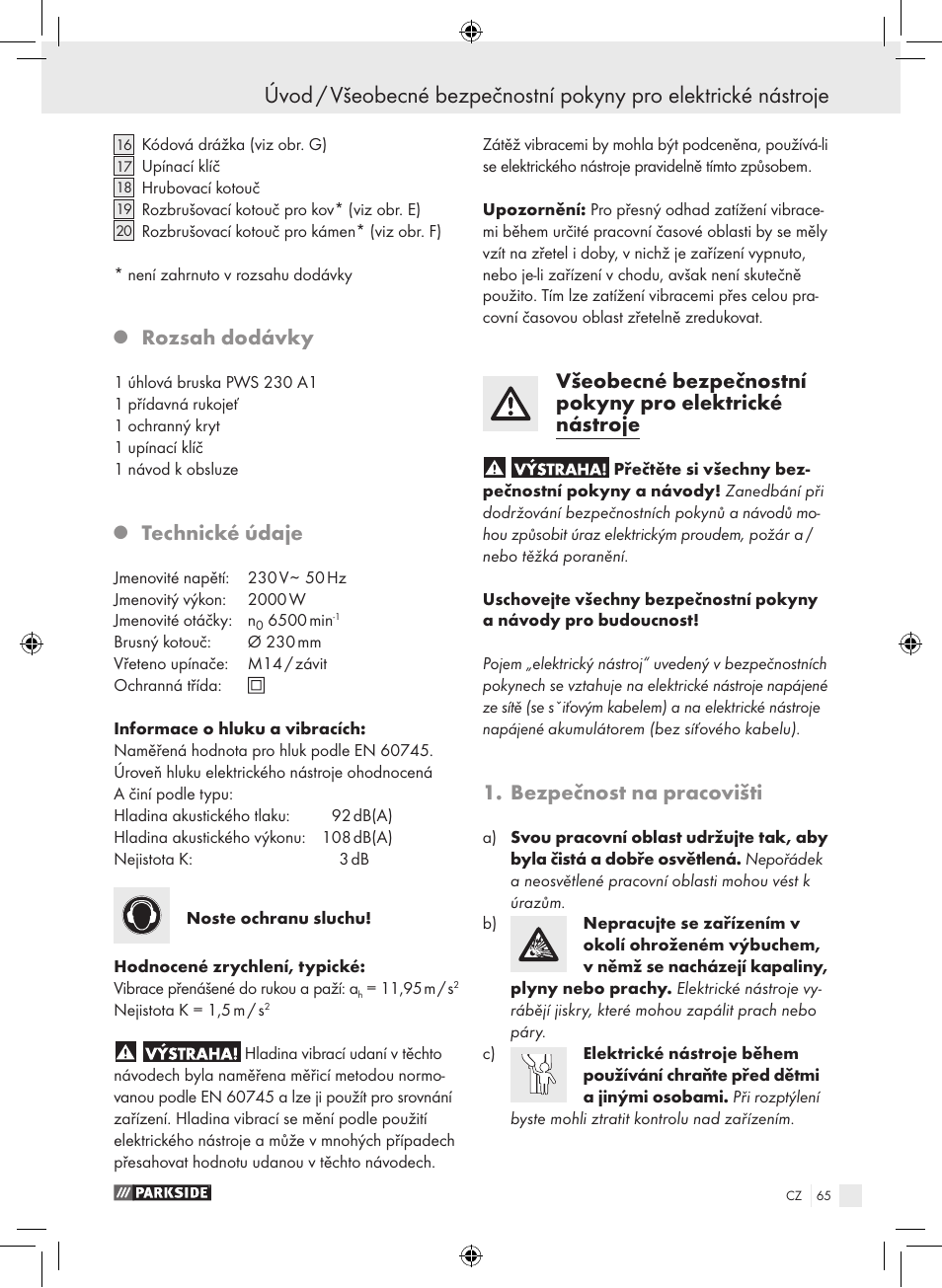 Rozsah dodávky, Technické údaje, Bezpečnost na pracovišti | Parkside PWS 230 A1 User Manual | Page 65 / 105