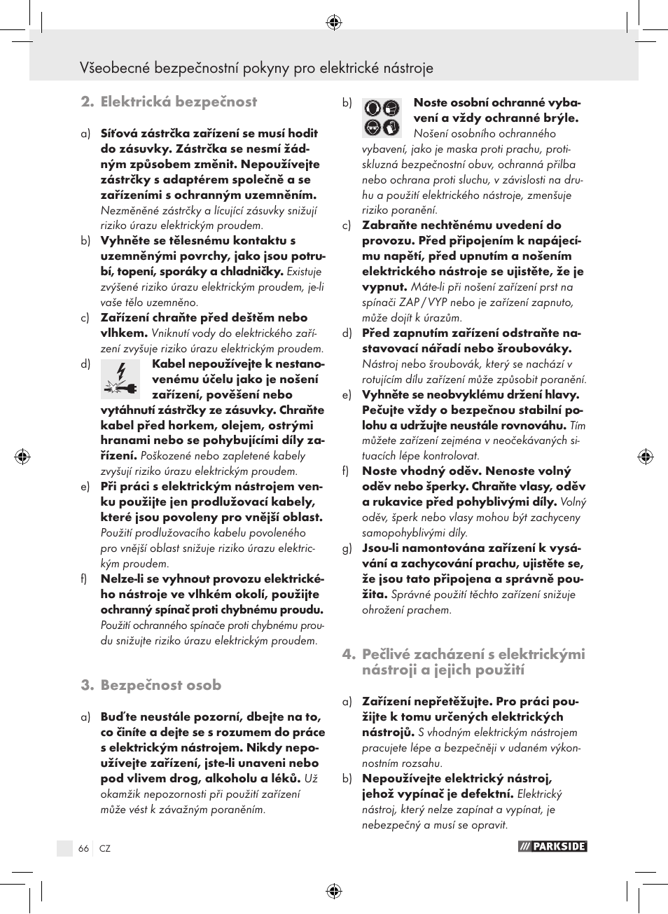 Elektrická bezpečnost, Bezpečnost osob | Parkside PWS 230 A1 User Manual | Page 66 / 105
