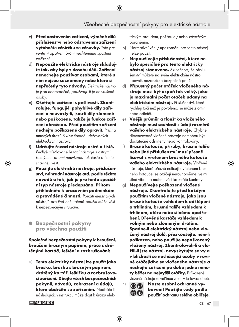 Bezpečnostní pokyny pro všechna použití | Parkside PWS 230 A1 User Manual | Page 67 / 105