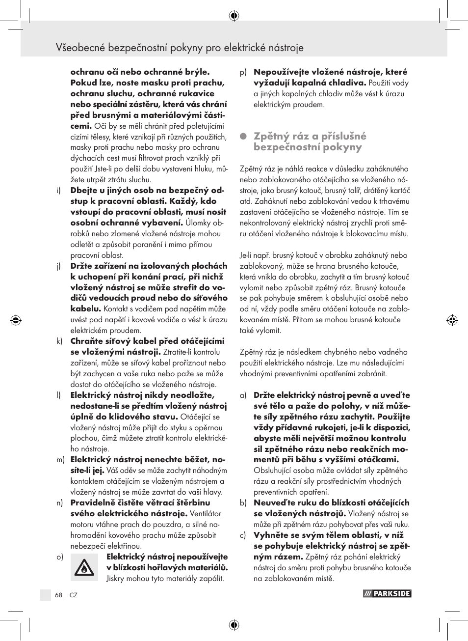 Zpětný ráz a příslušné bezpečnostní pokyny | Parkside PWS 230 A1 User Manual | Page 68 / 105