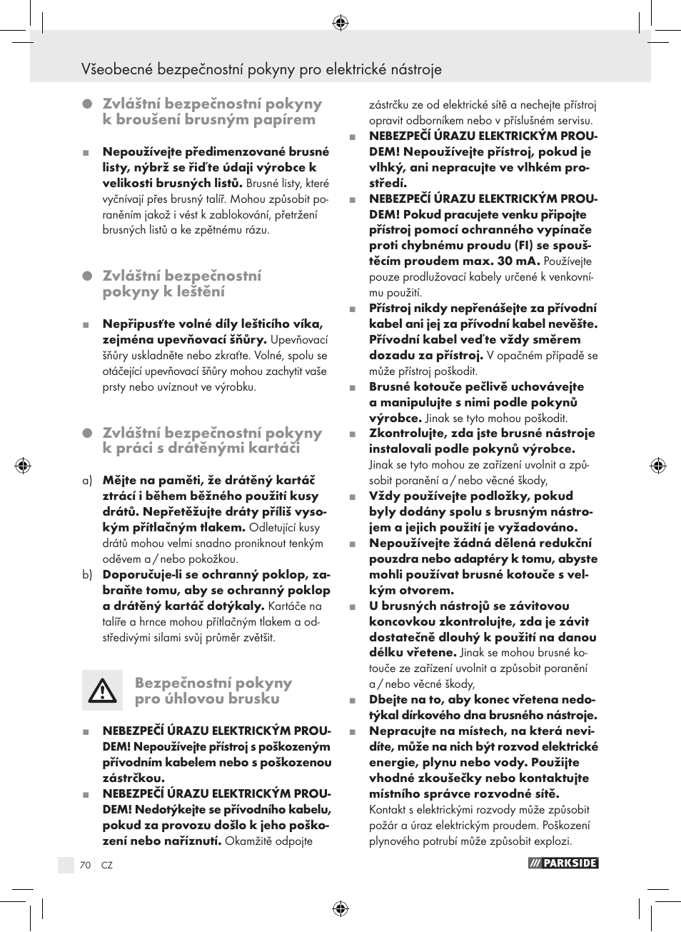 Zvláštní bezpečnostní pokyny k leštění, Bezpečnostní pokyny pro úhlovou brusku | Parkside PWS 230 A1 User Manual | Page 70 / 105