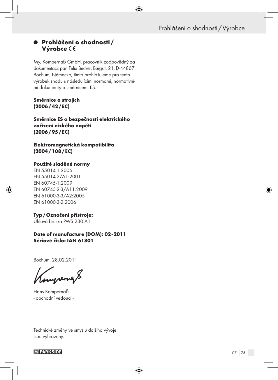 Prohlášení o shodnosti / výrobce | Parkside PWS 230 A1 User Manual | Page 75 / 105