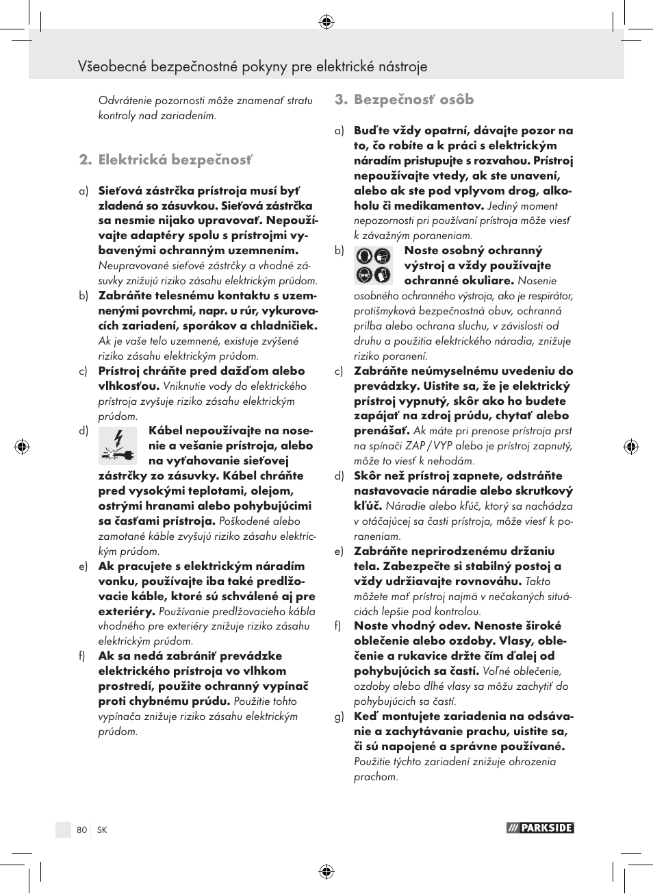 Elektrická bezpečnosť, Bezpečnosť osôb | Parkside PWS 230 A1 User Manual | Page 80 / 105