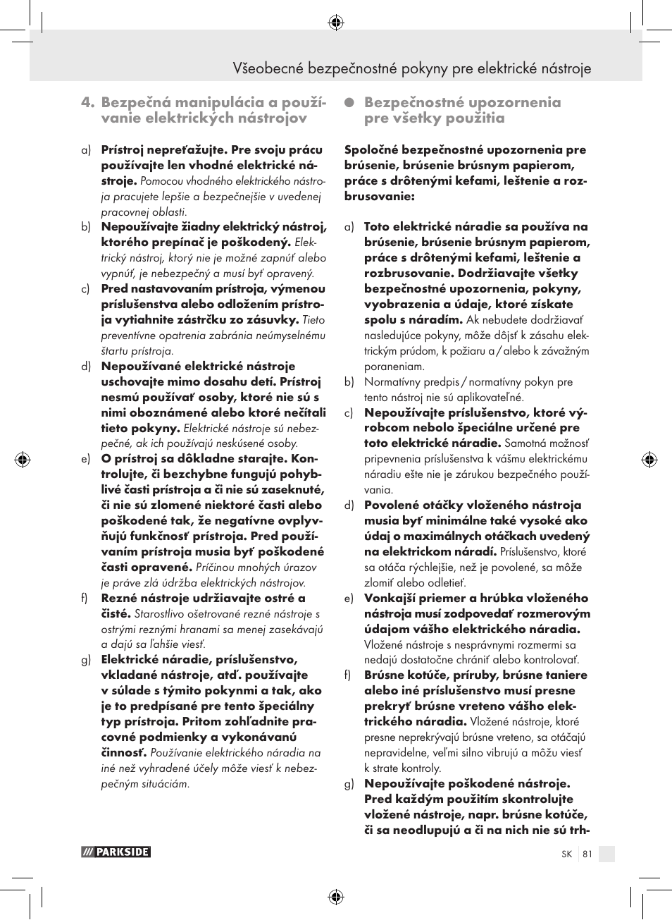 Bezpečnostné upozornenia pre všetky použitia | Parkside PWS 230 A1 User Manual | Page 81 / 105