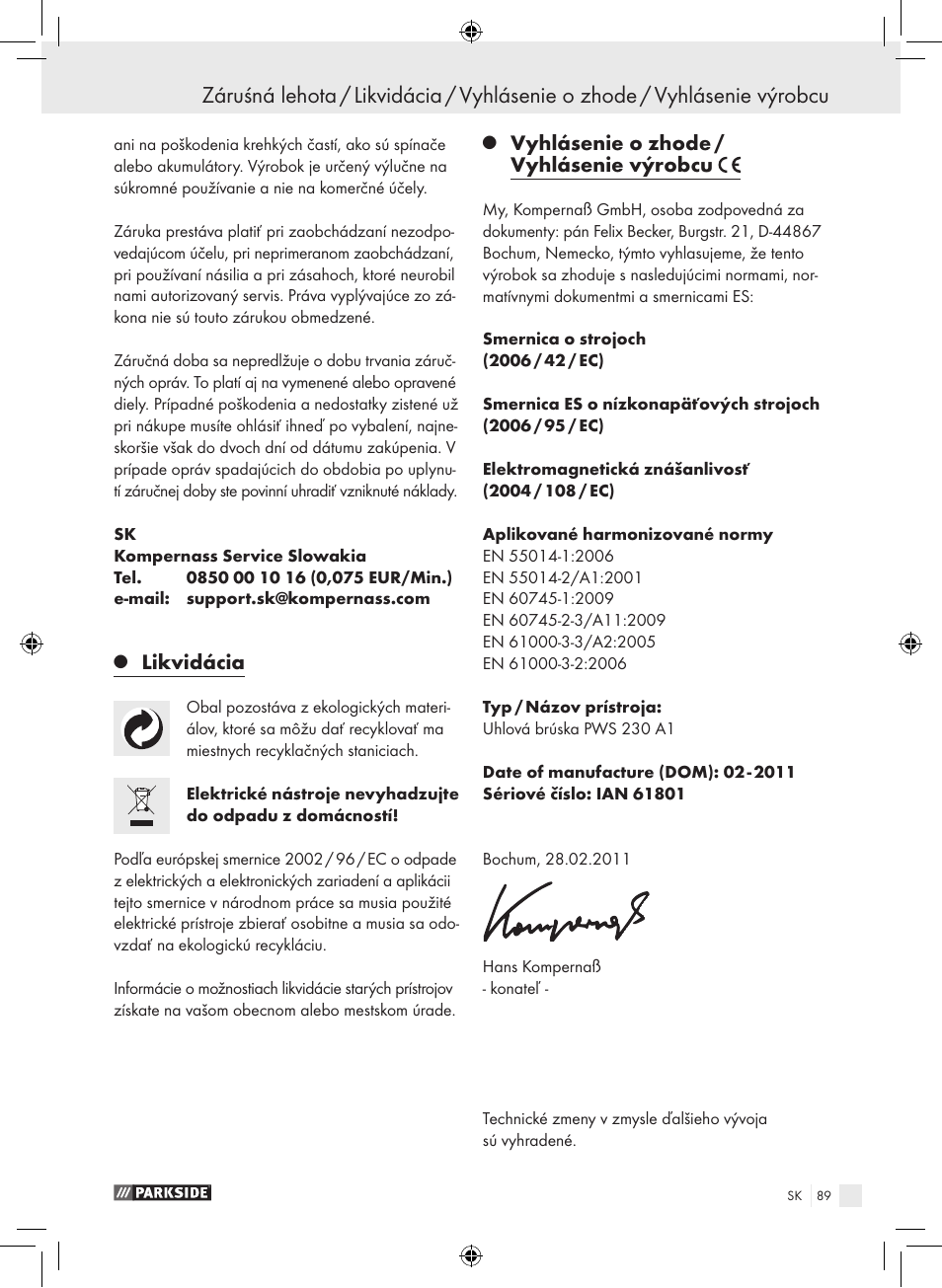 Likvidácia, Vyhlásenie o zhode / vyhlásenie výrobcu | Parkside PWS 230 A1 User Manual | Page 89 / 105