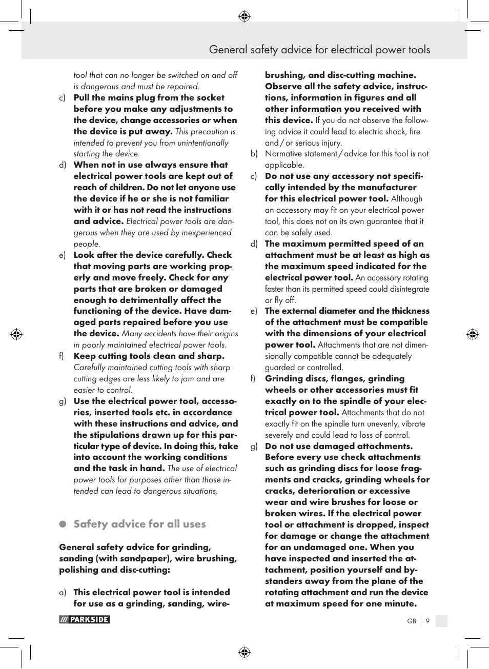 General safety advice for electrical power tools, Safety advice for all uses | Parkside PWS 230 A1 User Manual | Page 9 / 105