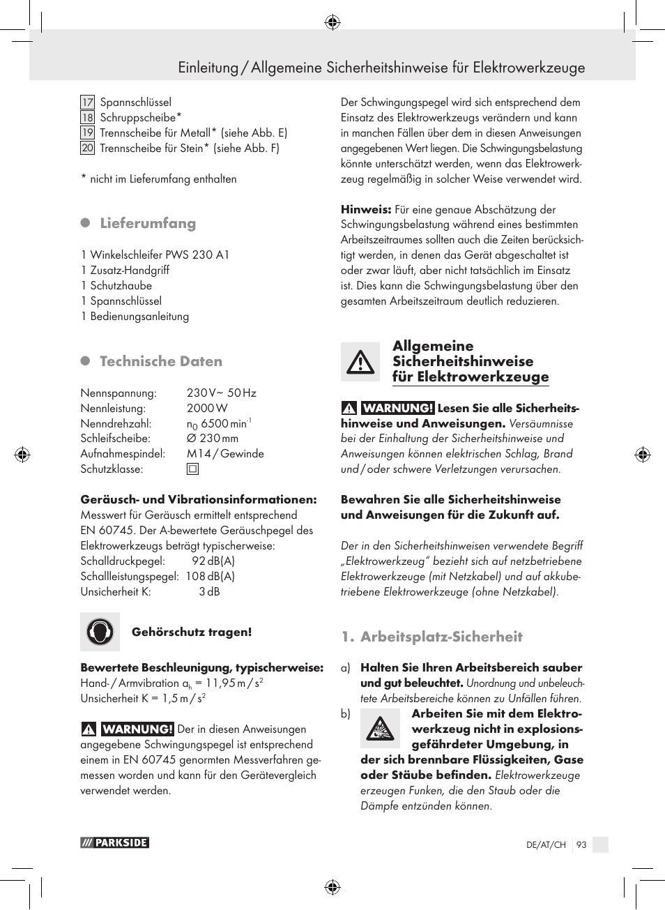 Lieferumfang, Technische daten, Arbeitsplatz-sicherheit | Parkside PWS 230 A1 User Manual | Page 93 / 105