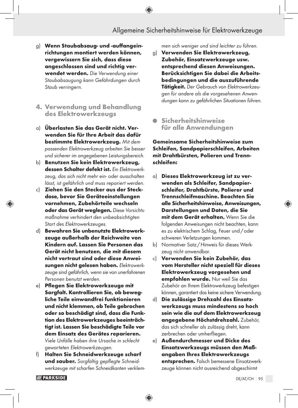 Verwendung und behandlung des elektrowerkzeugs, Sicherheitshinweise für alle anwendungen | Parkside PWS 230 A1 User Manual | Page 95 / 105