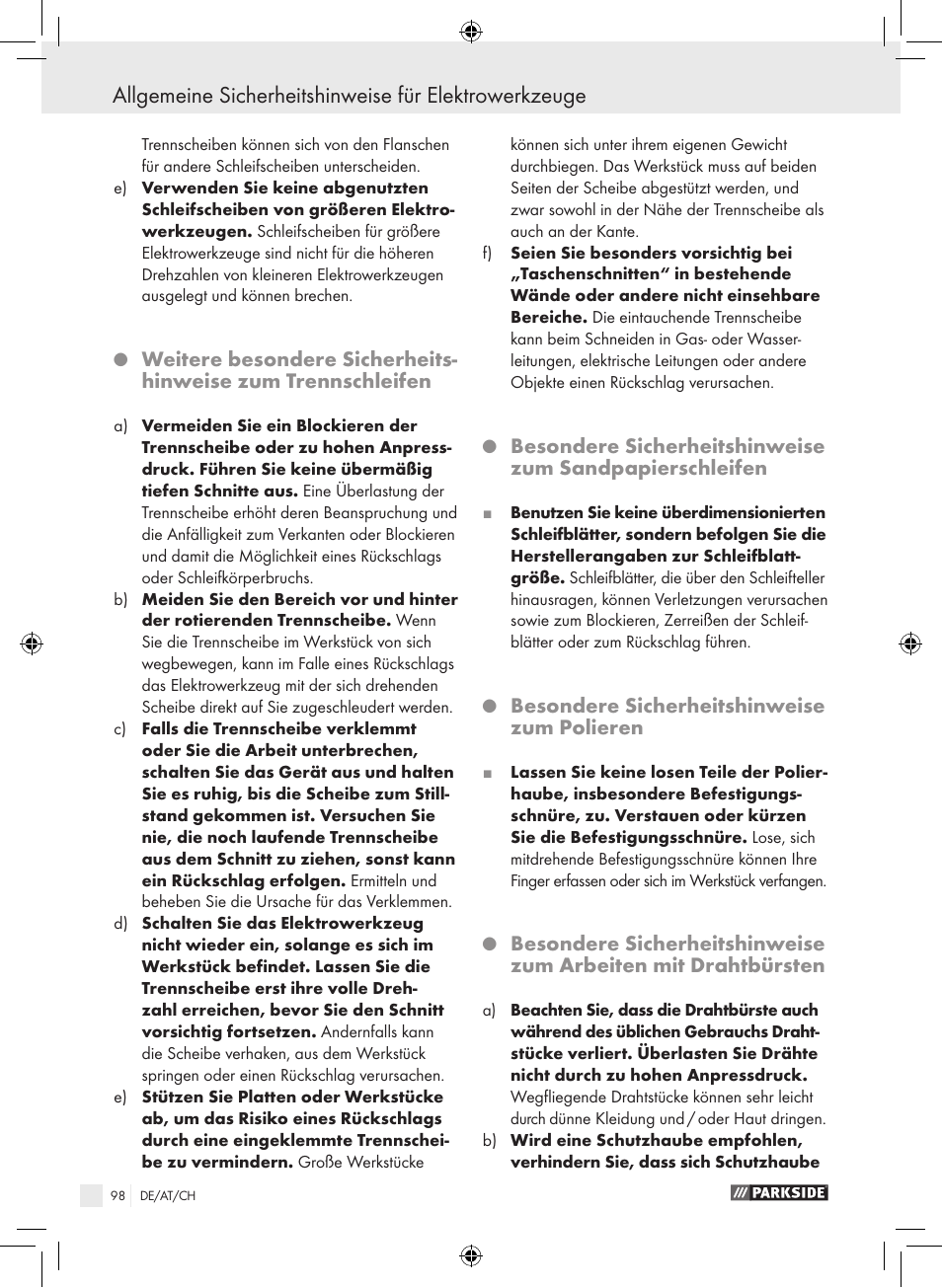 Besondere sicherheitshinweise zum polieren | Parkside PWS 230 A1 User Manual | Page 98 / 105