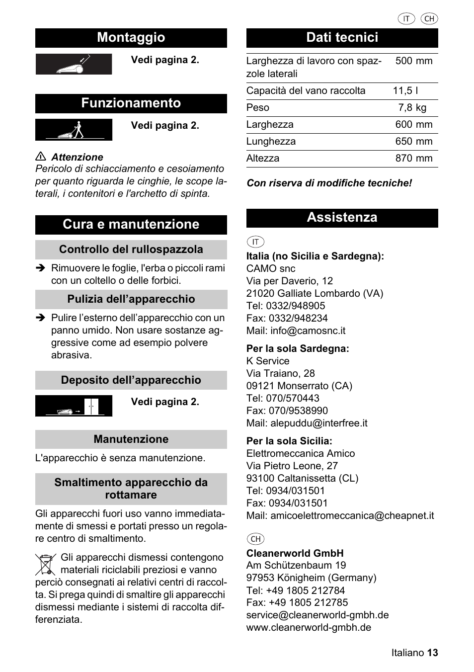 Montaggio, Funzionamento, N attenzione | Cura e manutenzione, Controllo del rullospazzola, Pulizia dell’apparecchio, Deposito dell’apparecchio, Manutenzione, L'apparecchio è senza manutenzione, Smaltimento apparecchio da rottamare | Parkside PKM 1500 A1 User Manual | Page 13 / 32