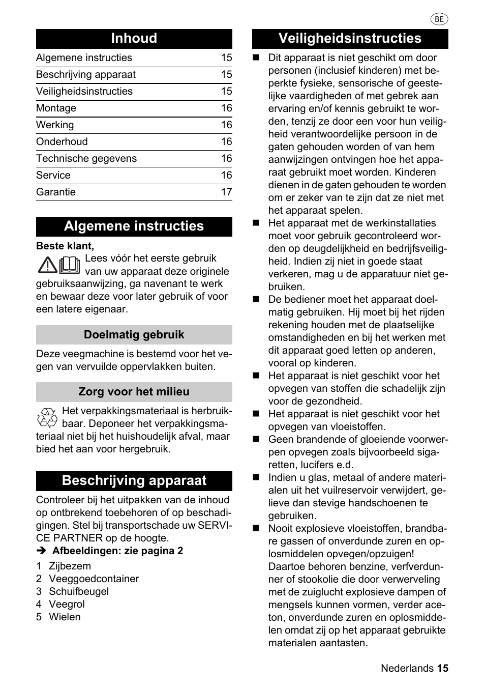 Inhoud, Algemene instructies, Beschrijving apparaat | Veiligheidsinstructies | Parkside PKM 1500 A1 User Manual | Page 15 / 32