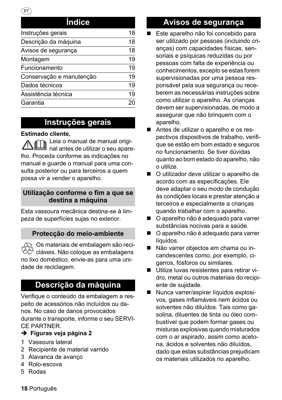 Índice, Instruções gerais, Descrição da máquina | Avisos de segurança | Parkside PKM 1500 A1 User Manual | Page 18 / 32