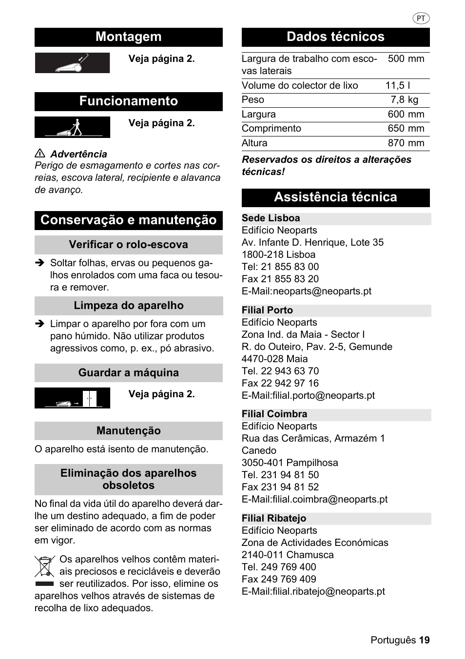 Montagem funcionamento conservação e manutenção, Dados técnicos, Assistência técnica | Parkside PKM 1500 A1 User Manual | Page 19 / 32