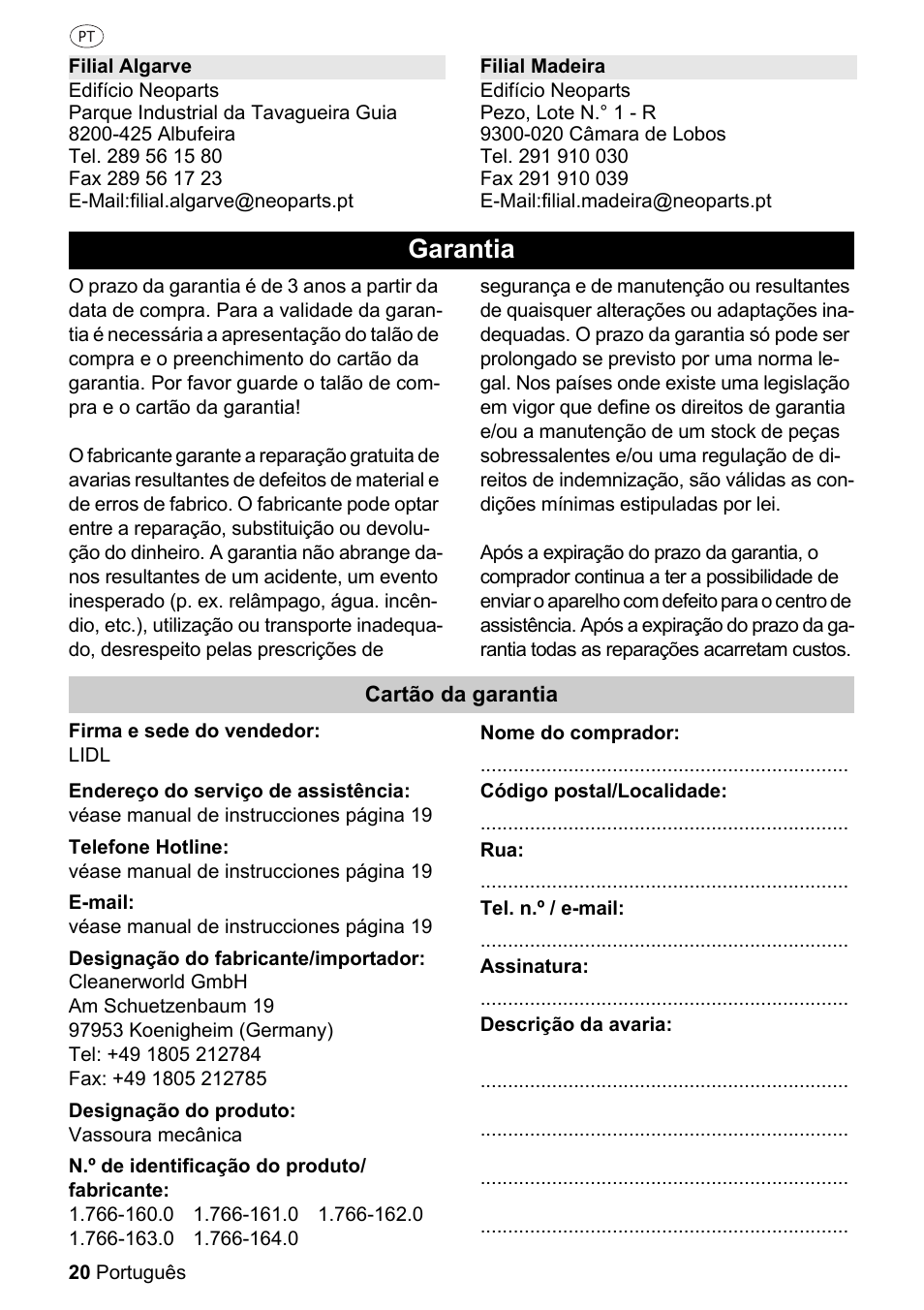 Garantia | Parkside PKM 1500 A1 User Manual | Page 20 / 32