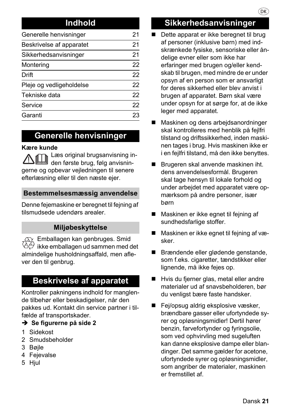 Indhold, Generelle henvisninger, Beskrivelse af apparatet | Sikkerhedsanvisninger | Parkside PKM 1500 A1 User Manual | Page 21 / 32