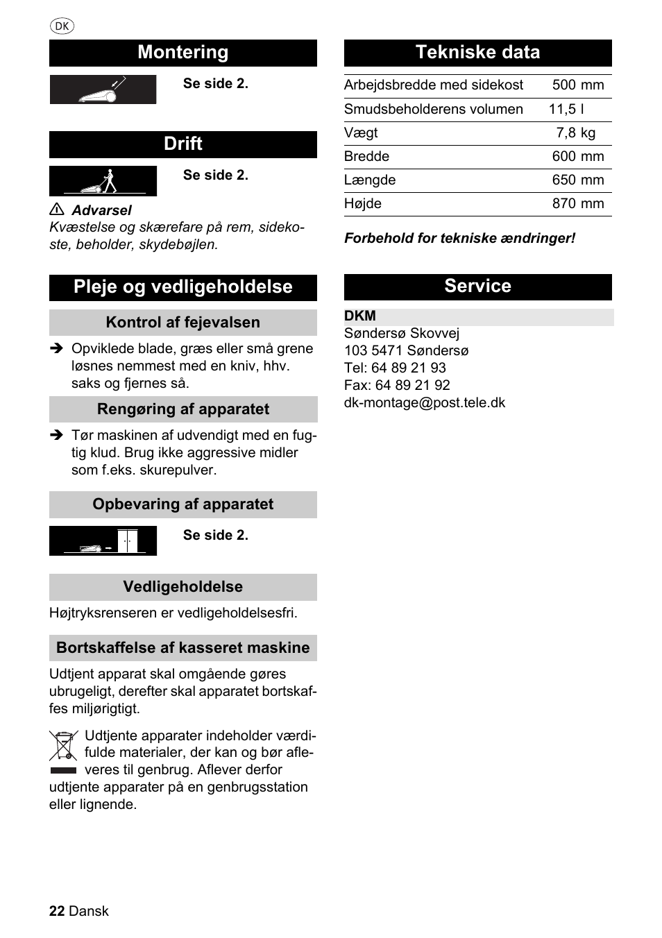 Montering drift pleje og vedligeholdelse, Tekniske data, Service | Parkside PKM 1500 A1 User Manual | Page 22 / 32