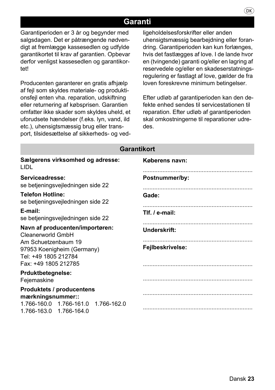 Garanti | Parkside PKM 1500 A1 User Manual | Page 23 / 32