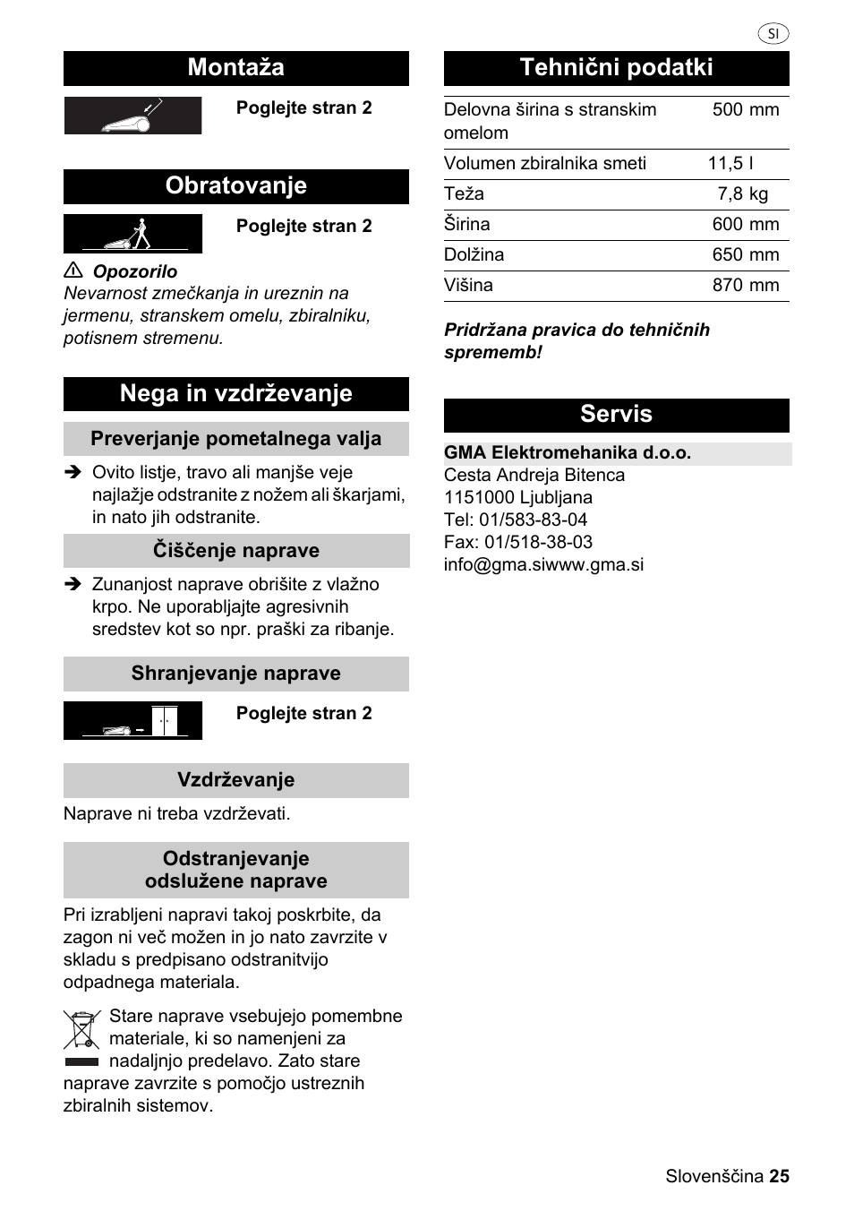 Montaža obratovanje nega in vzdrževanje, Tehnični podatki, Servis | Parkside PKM 1500 A1 User Manual | Page 25 / 32