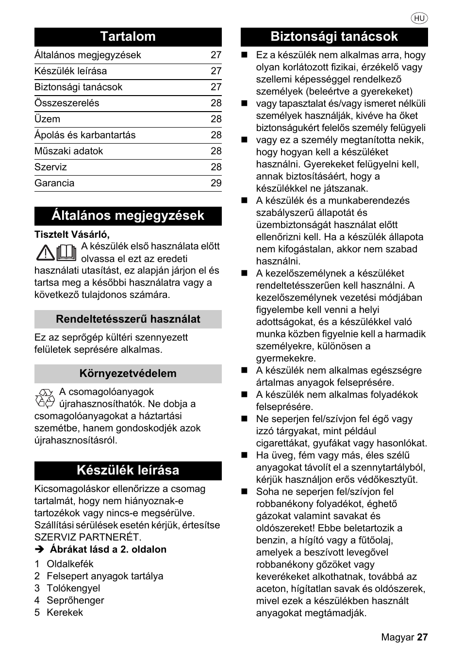 Tartalom, Általános megjegyzések, Készülék leírása | Biztonsági tanácsok | Parkside PKM 1500 A1 User Manual | Page 27 / 32